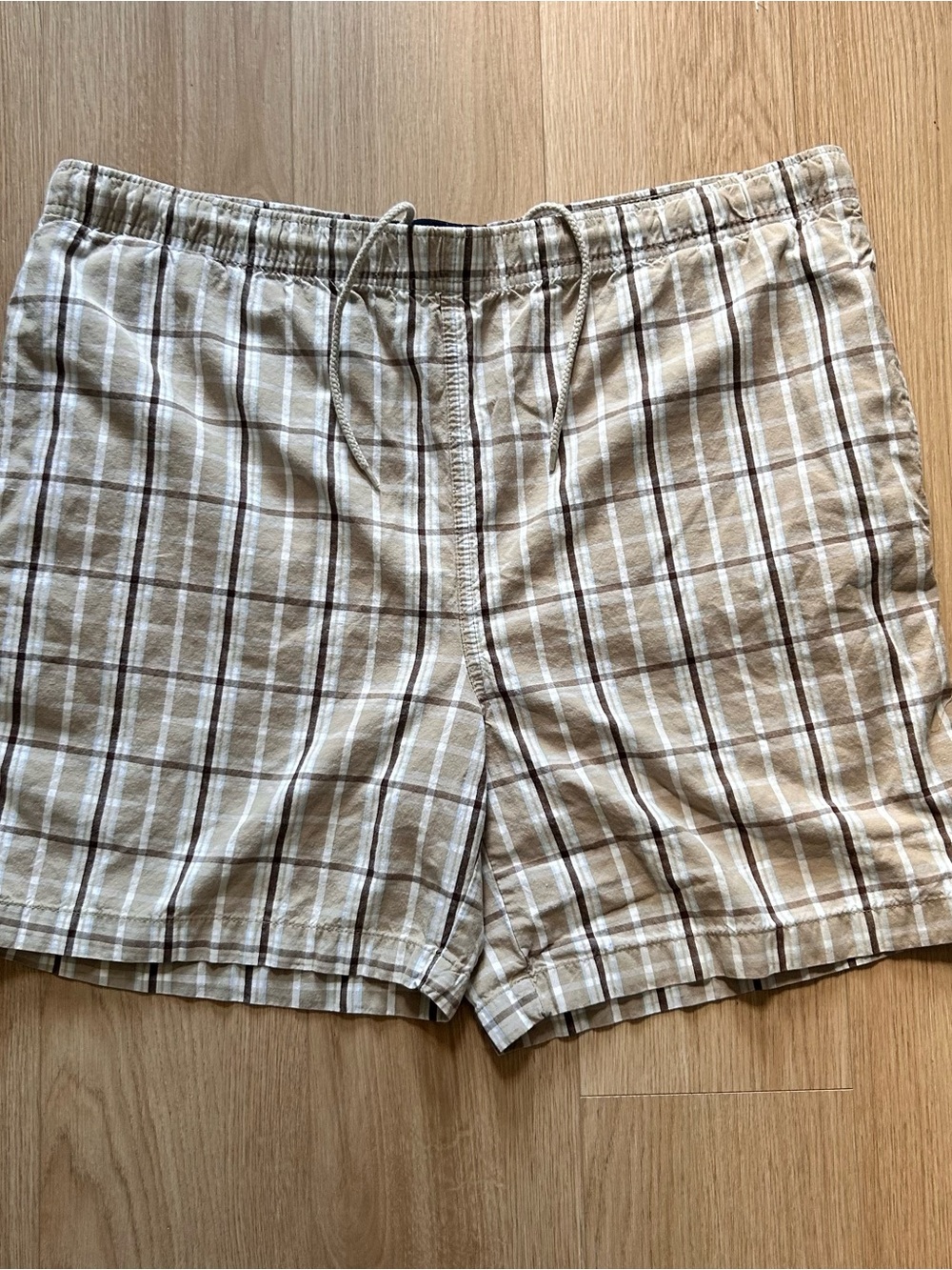 Beige Plaid Cotton Lounge Shorts